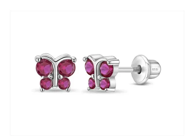 Baby and Children's Earrings:  Sterling Silver Ruby CZ Butterflies with Screw Backs and Gift Box