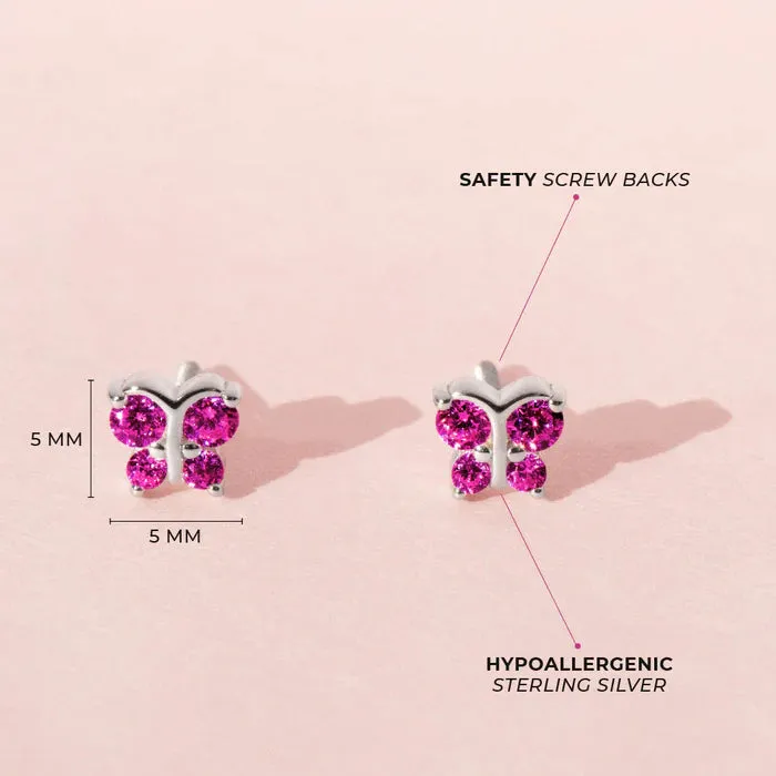 Baby and Children's Earrings:  Sterling Silver Ruby CZ Butterflies with Screw Backs and Gift Box