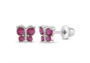Baby and Children's Earrings:  Sterling Silver Ruby CZ Butterflies with Screw Backs and Gift Box