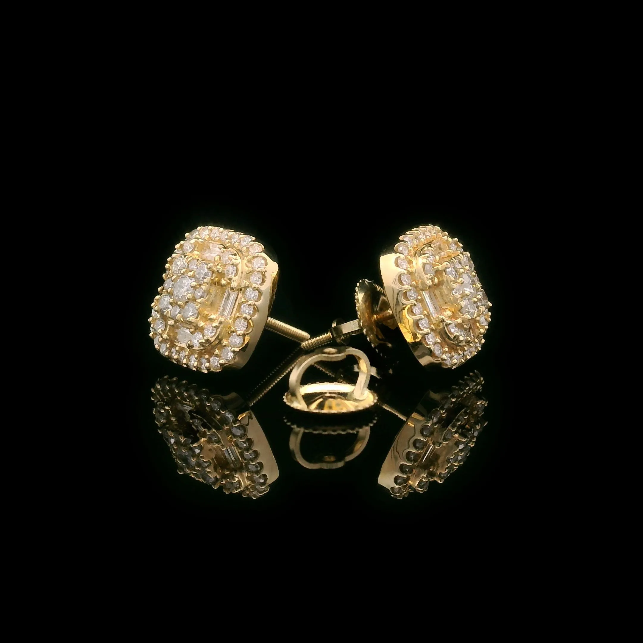 Baguette & Round Diamond Square Screw Back Earrings 10k Yellow Gold 0.90ctw