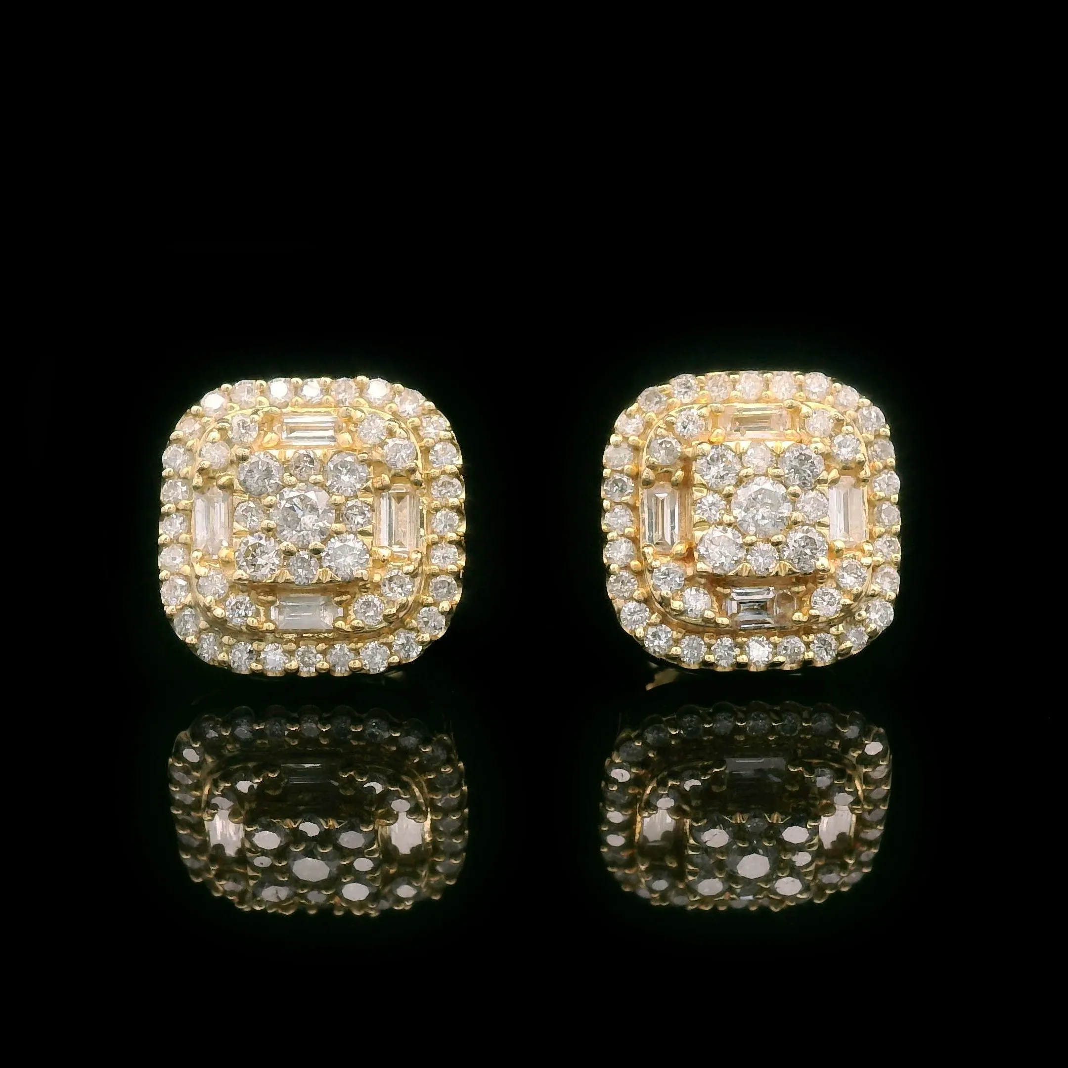 Baguette & Round Diamond Square Screw Back Earrings 10k Yellow Gold 0.90ctw