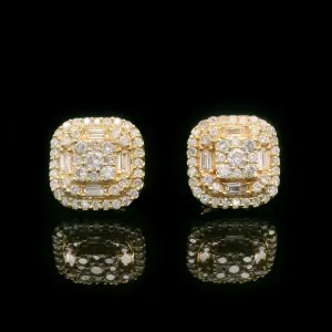 Baguette & Round Diamond Square Screw Back Earrings 10k Yellow Gold 0.90ctw
