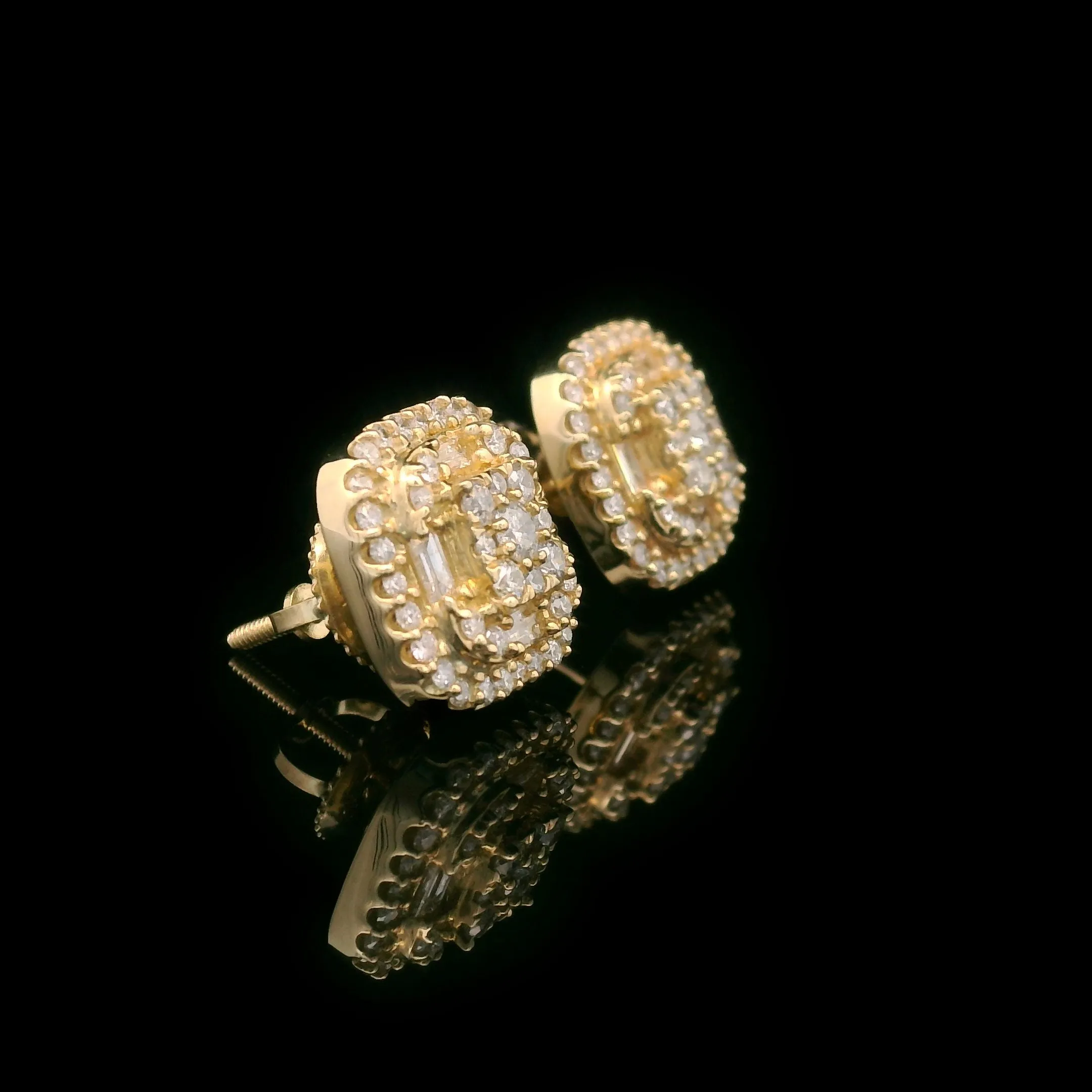 Baguette & Round Diamond Square Screw Back Earrings 10k Yellow Gold 0.90ctw