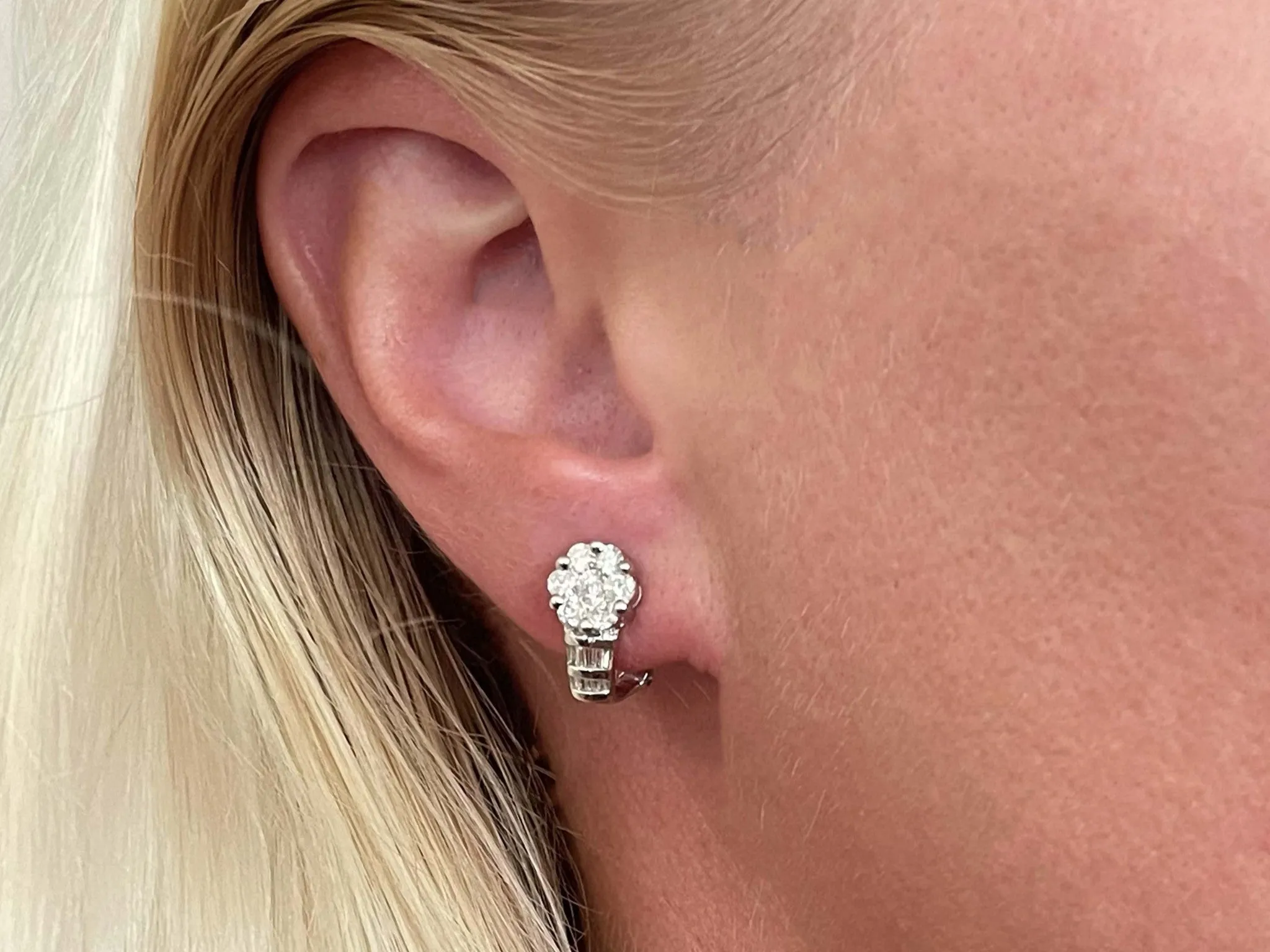 Baguette and Round Brilliant Diamond Flower Huggie Earrings in 14K White Gold