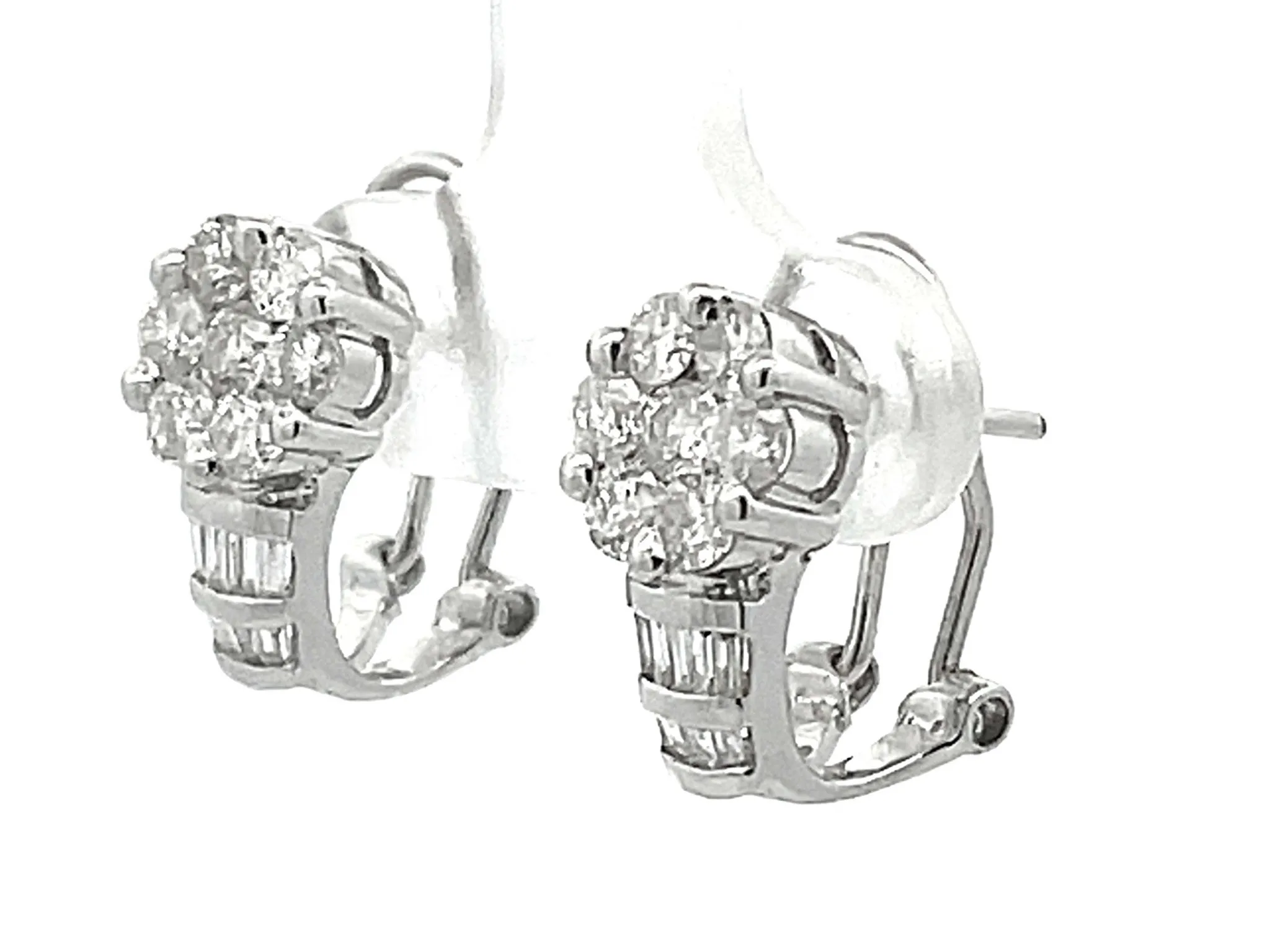 Baguette and Round Brilliant Diamond Flower Huggie Earrings in 14K White Gold