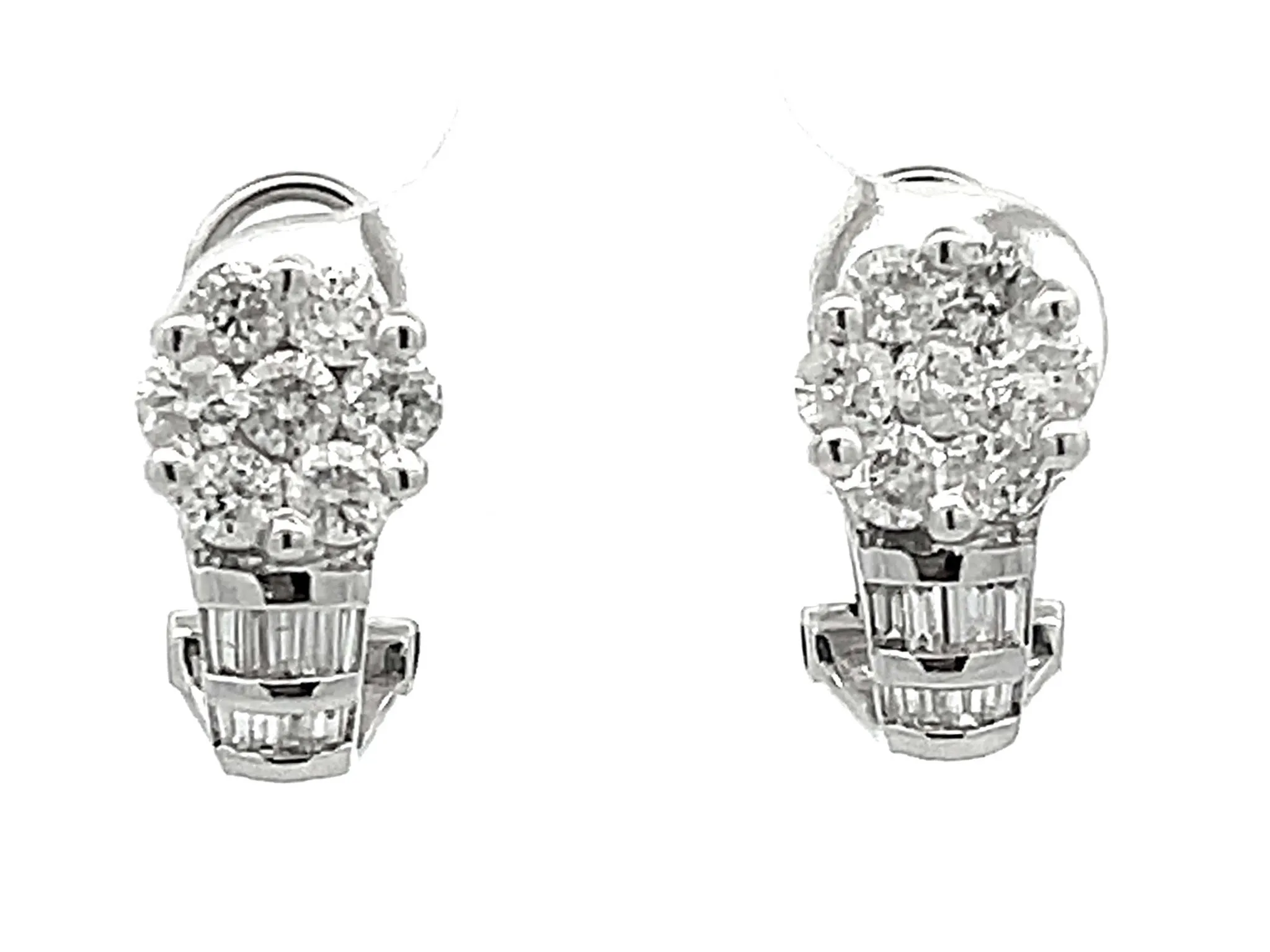 Baguette and Round Brilliant Diamond Flower Huggie Earrings in 14K White Gold