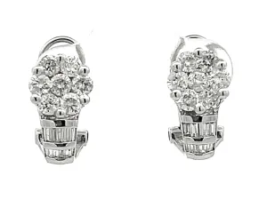 Baguette and Round Brilliant Diamond Flower Huggie Earrings in 14K White Gold