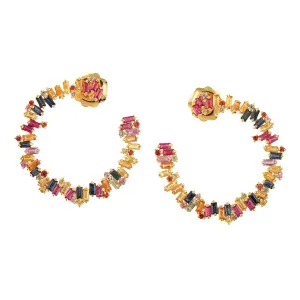 Baguette Cut Multi Sapphire Prong Ruby Gemstone Open Hoop Earrings In Gold