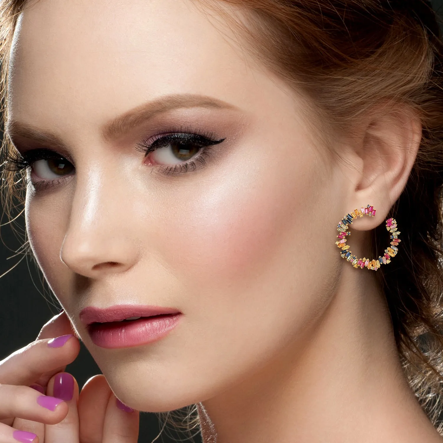 Baguette Cut Multi Sapphire Prong Ruby Gemstone Open Hoop Earrings In Gold