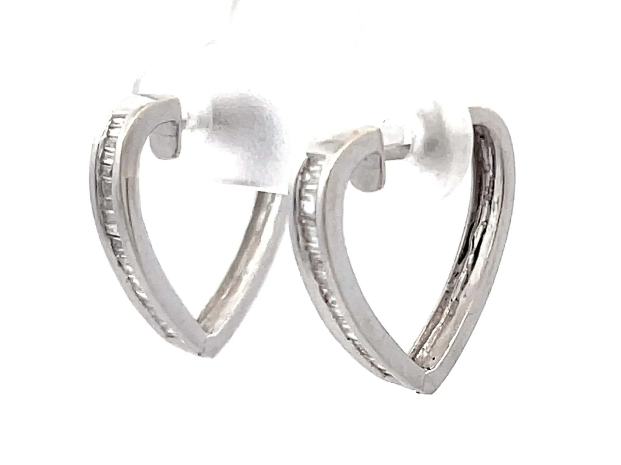Baguette Diamond Heart Earrings 18K Solid White Gold