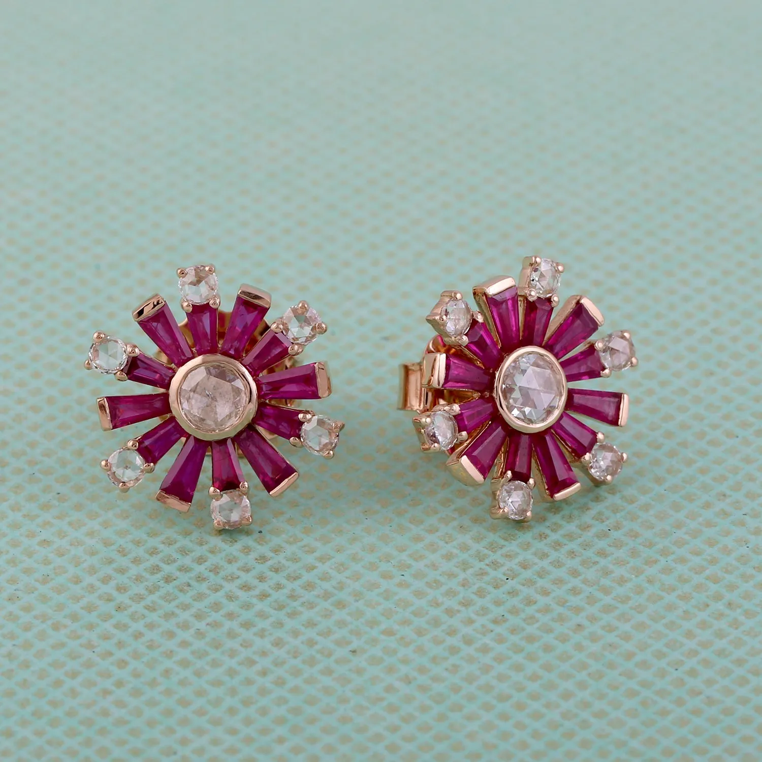 Baguette Ruby Diamond Stud Earrings 18K Rose Gold Jewelry