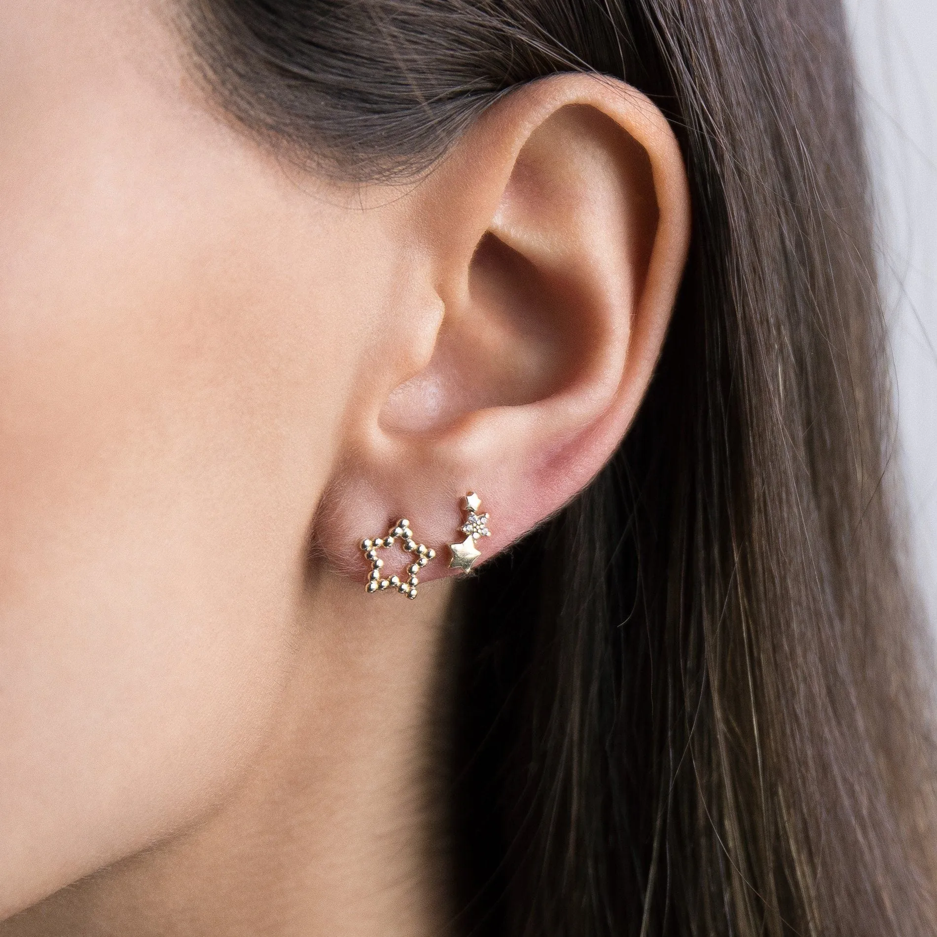 Beaded Star Stud Earring 14K