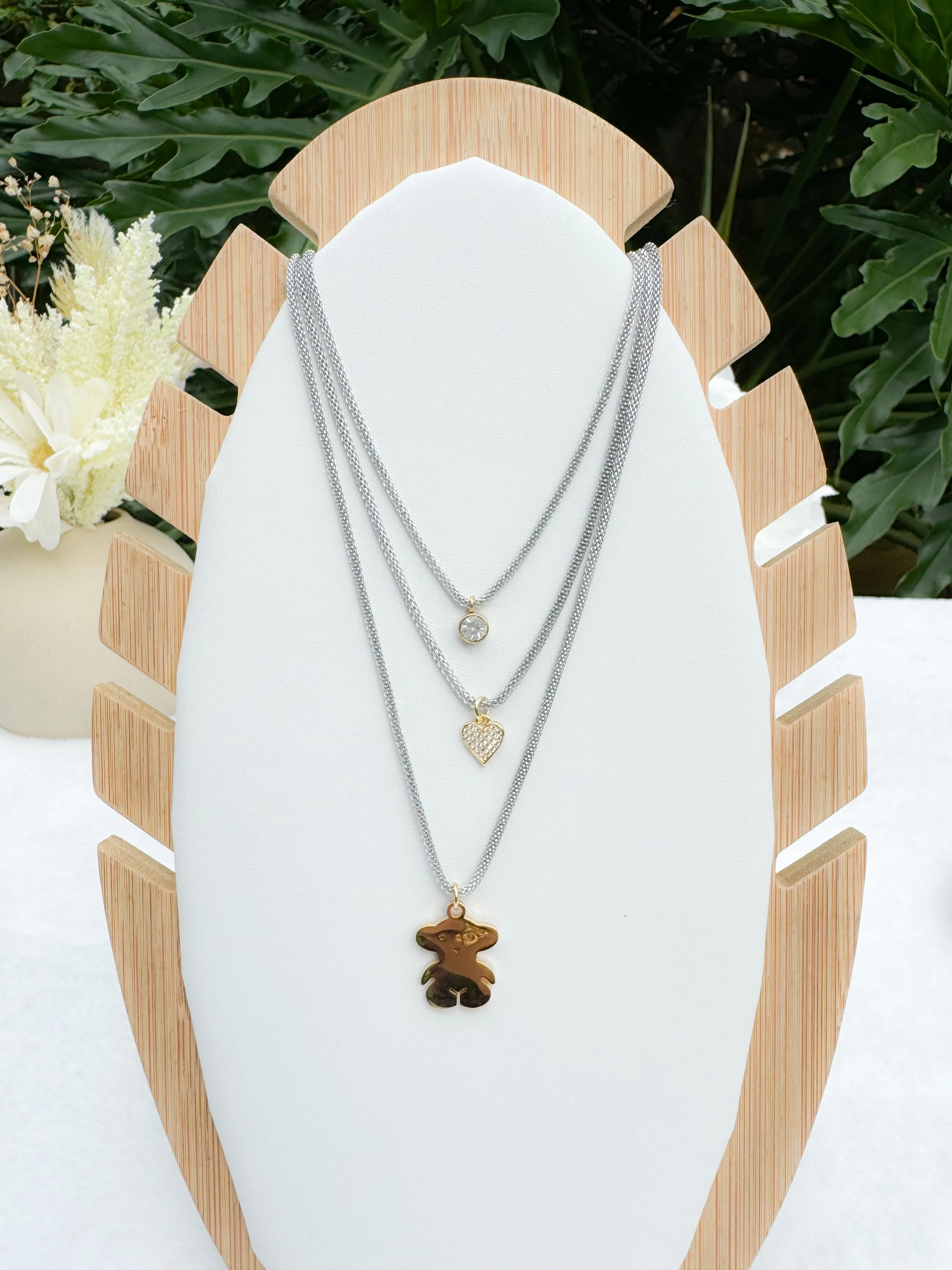 Bear 3-chain necklace & earrings