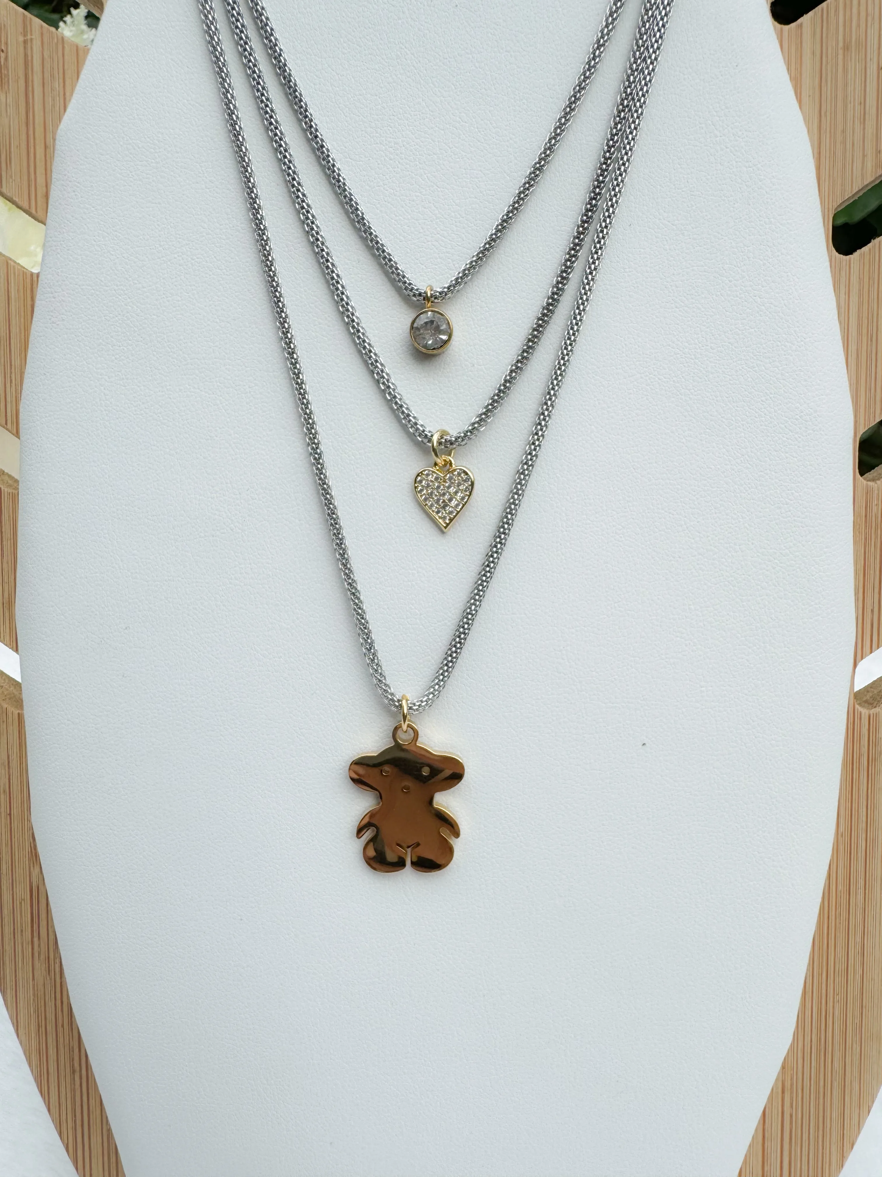 Bear 3-chain necklace & earrings