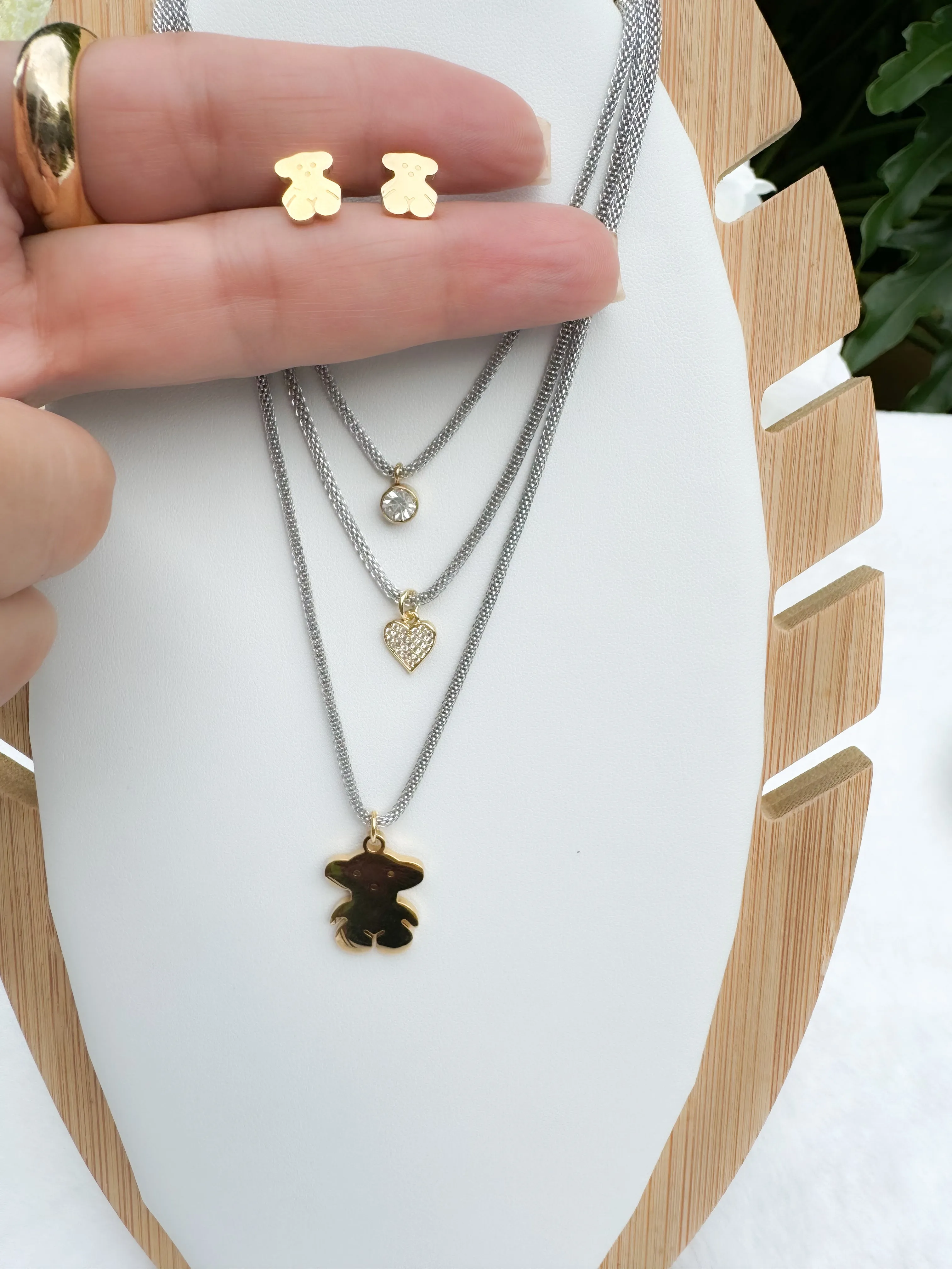 Bear 3-chain necklace & earrings
