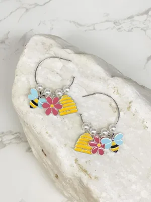 Bee Charm Pearl Hoop Earrings