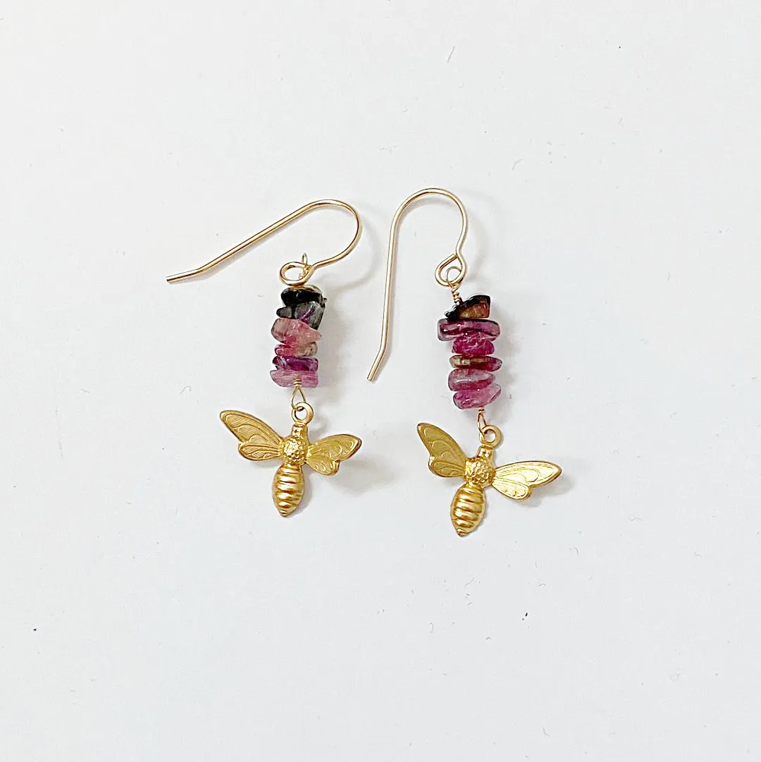 Bee Earrings/Tourmaline Gemstone Earrings/Golden Bee Earrings