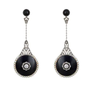 Belle Epoque Earrings Antique Diamond Onyx Pearl Drops 18k Gold Platinum French