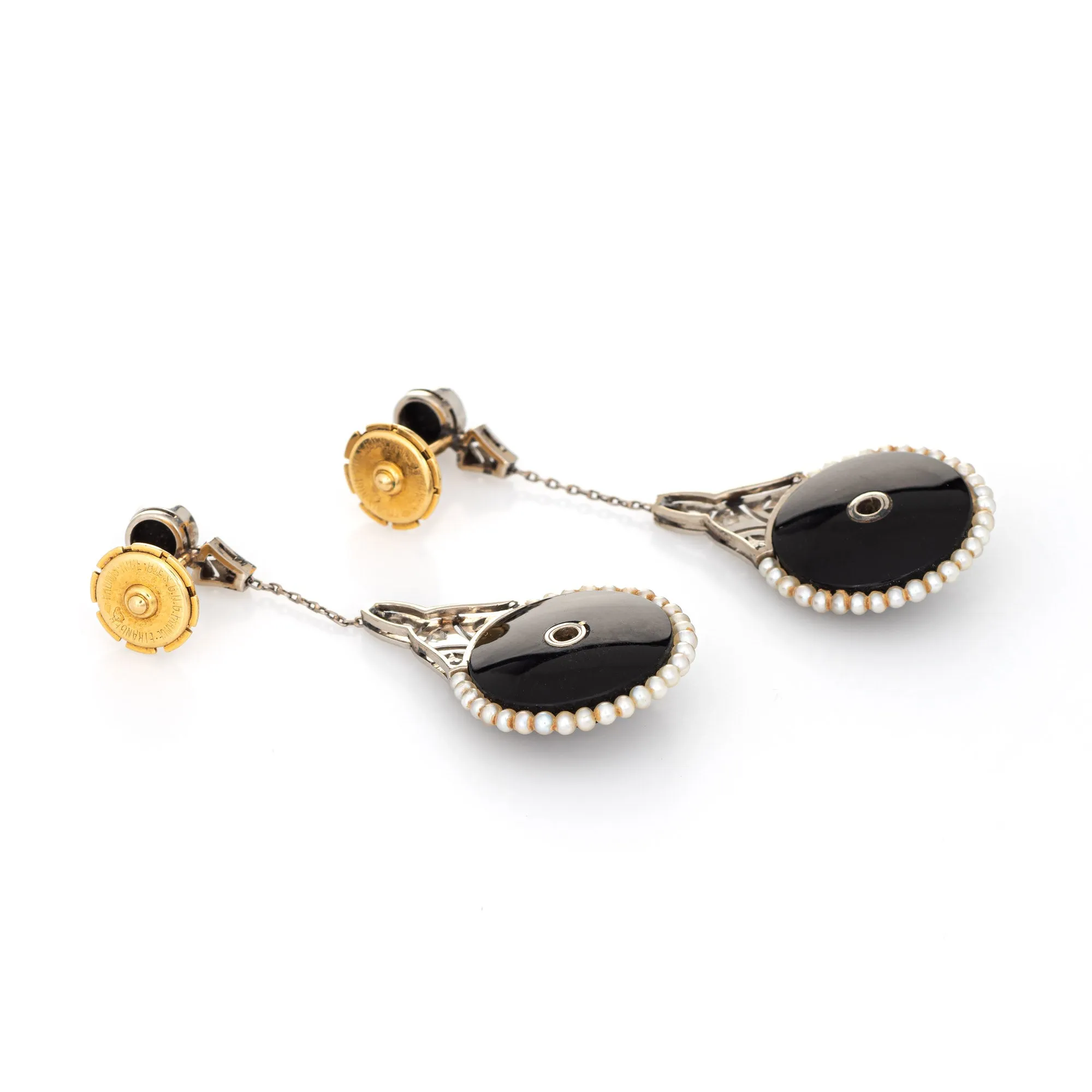 Belle Epoque Earrings Antique Diamond Onyx Pearl Drops 18k Gold Platinum French