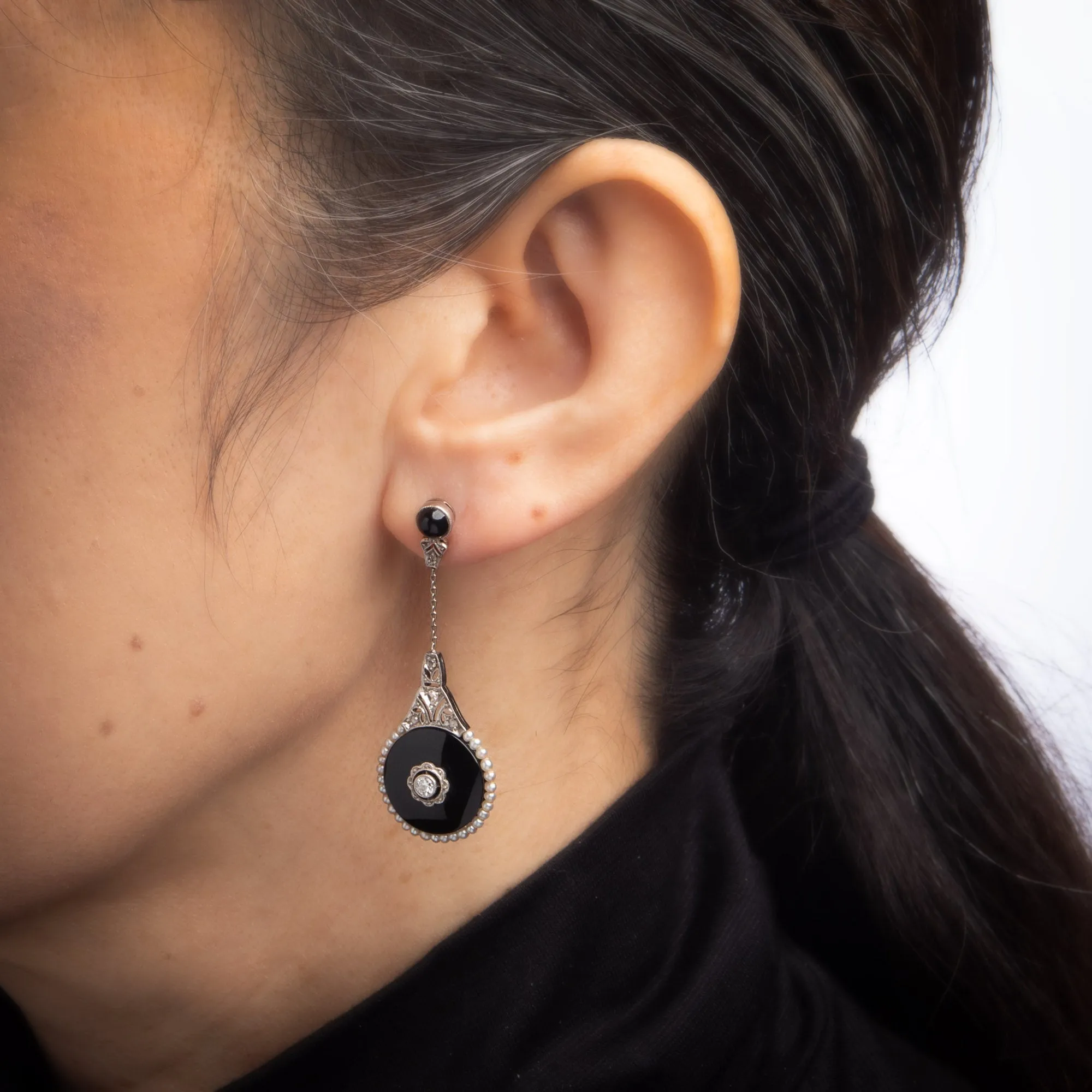 Belle Epoque Earrings Antique Diamond Onyx Pearl Drops 18k Gold Platinum French