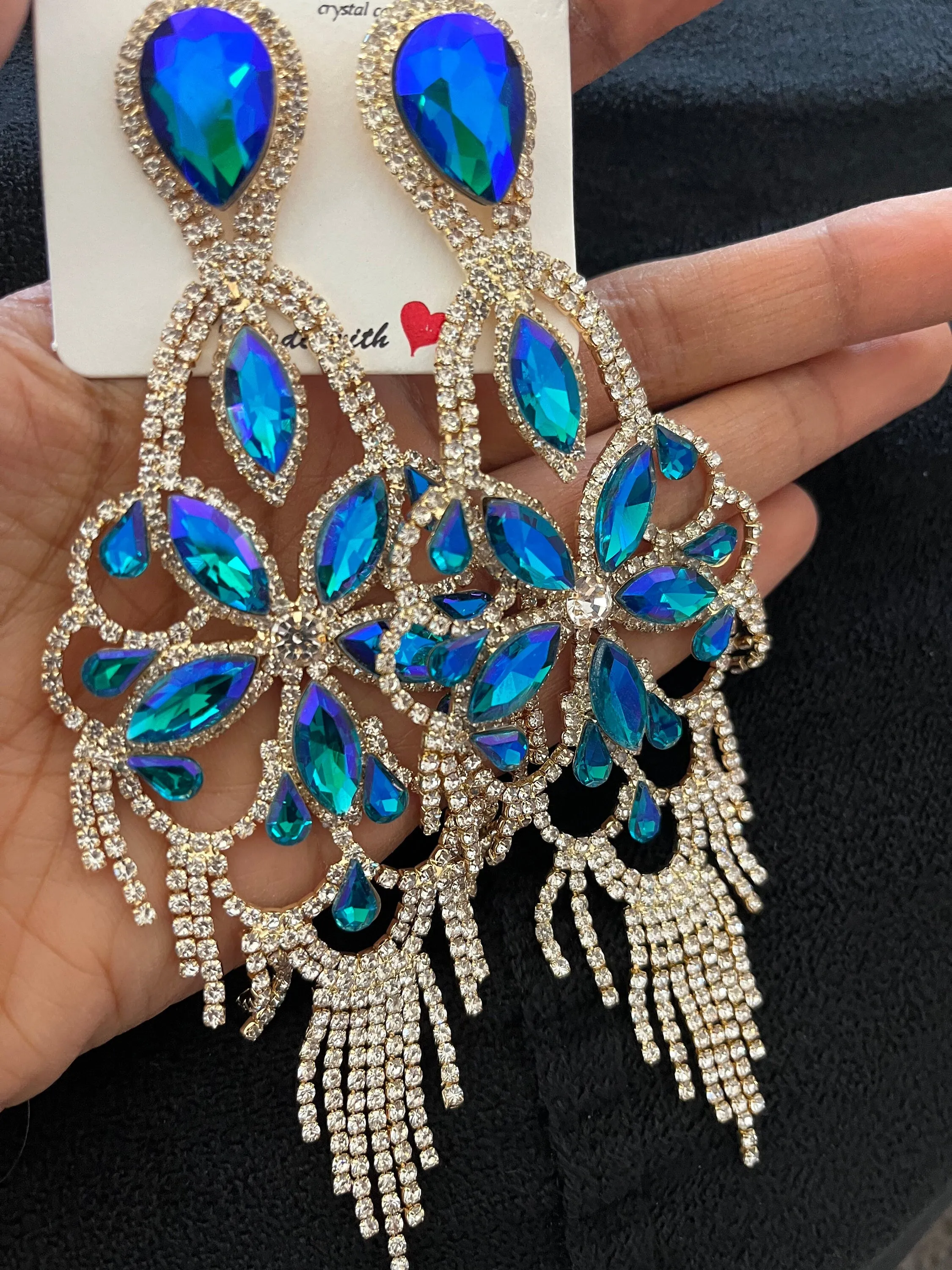 Big Blue and green earrings ,large blue iridescent earrings , green crystal earrings, blue chandelier rhinestone earrings crystal 5.5 inch