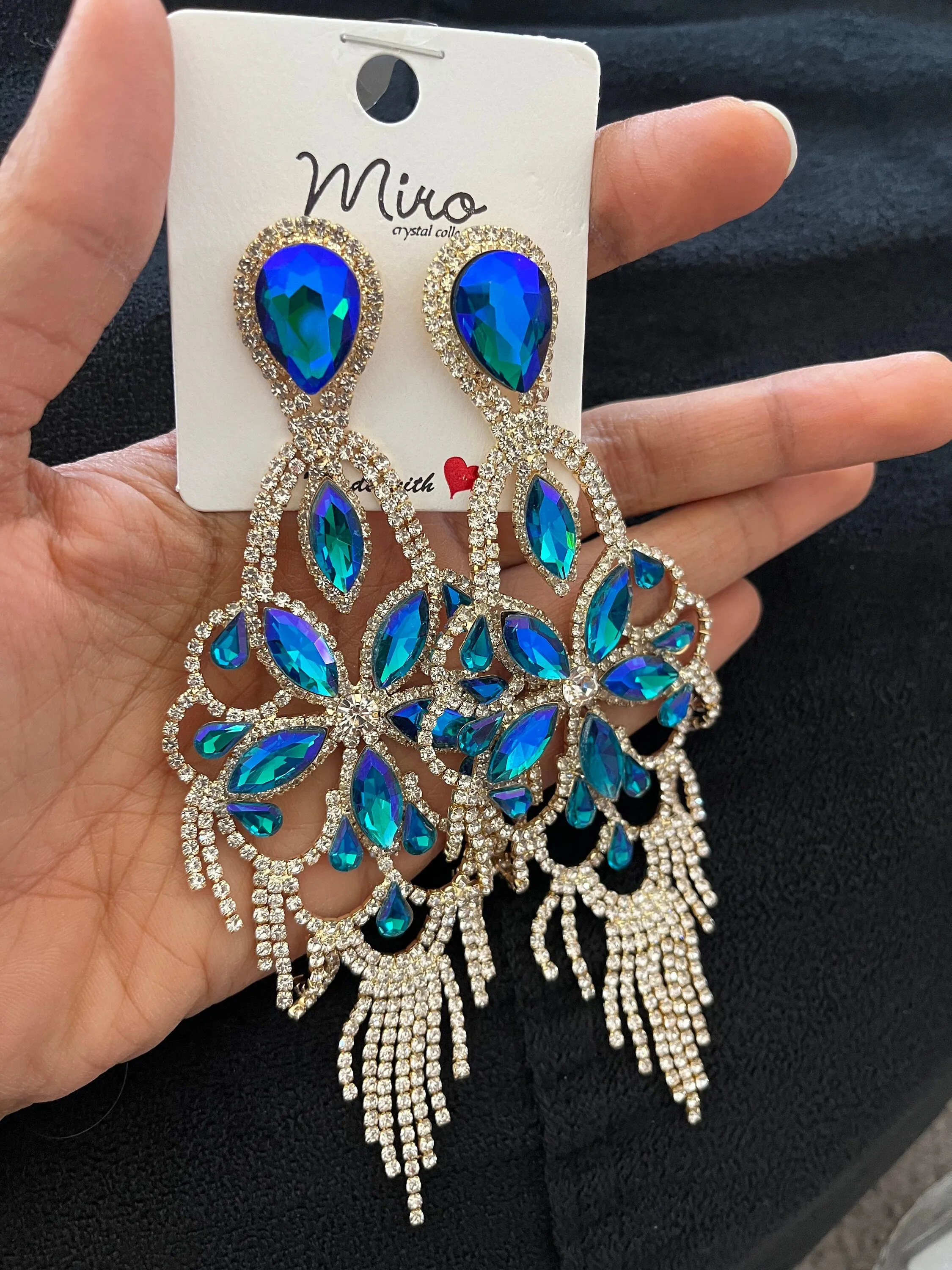Big Blue and green earrings ,large blue iridescent earrings , green crystal earrings, blue chandelier rhinestone earrings crystal 5.5 inch