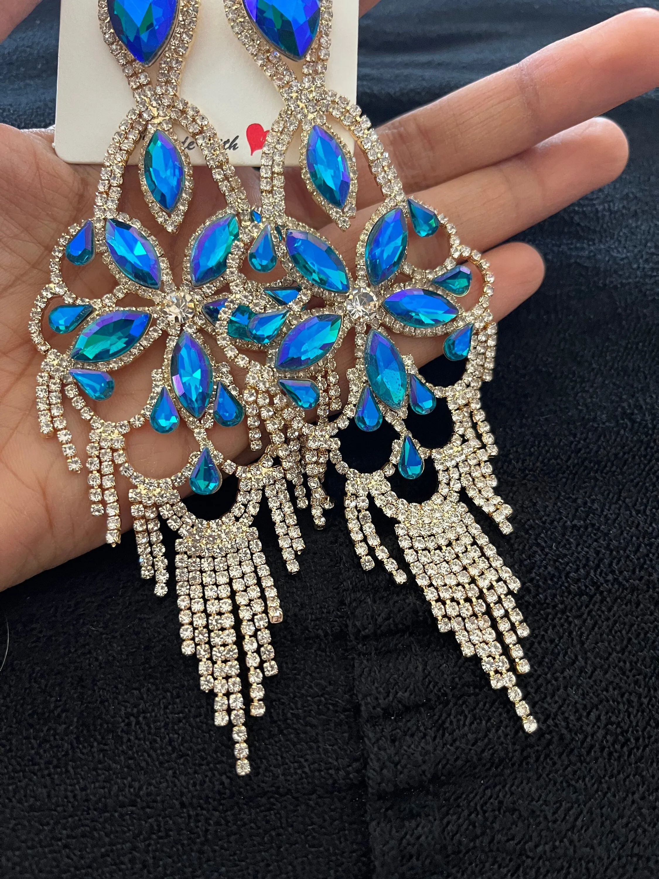 Big Blue and green earrings ,large blue iridescent earrings , green crystal earrings, blue chandelier rhinestone earrings crystal 5.5 inch
