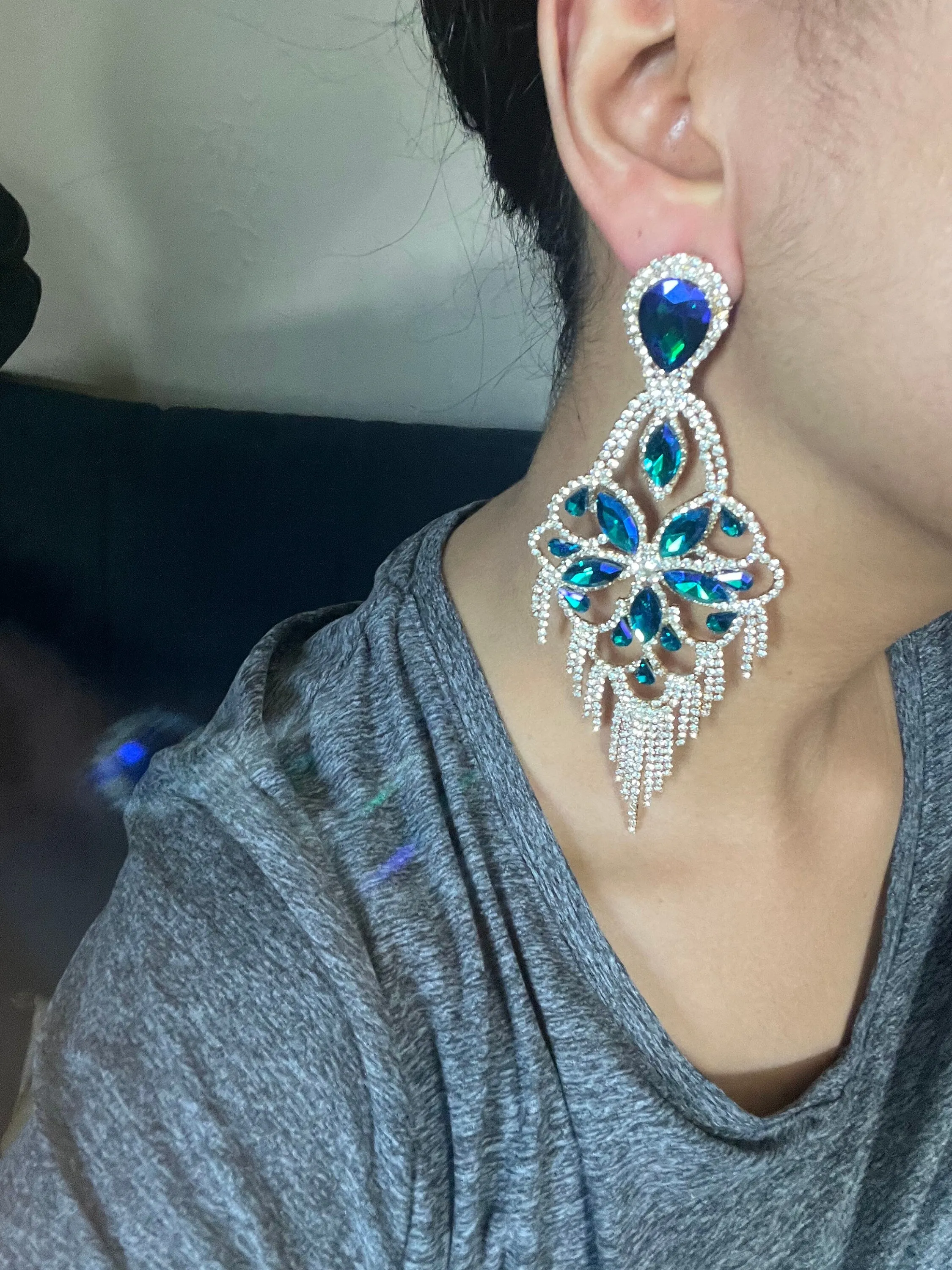 Big Blue and green earrings ,large blue iridescent earrings , green crystal earrings, blue chandelier rhinestone earrings crystal 5.5 inch