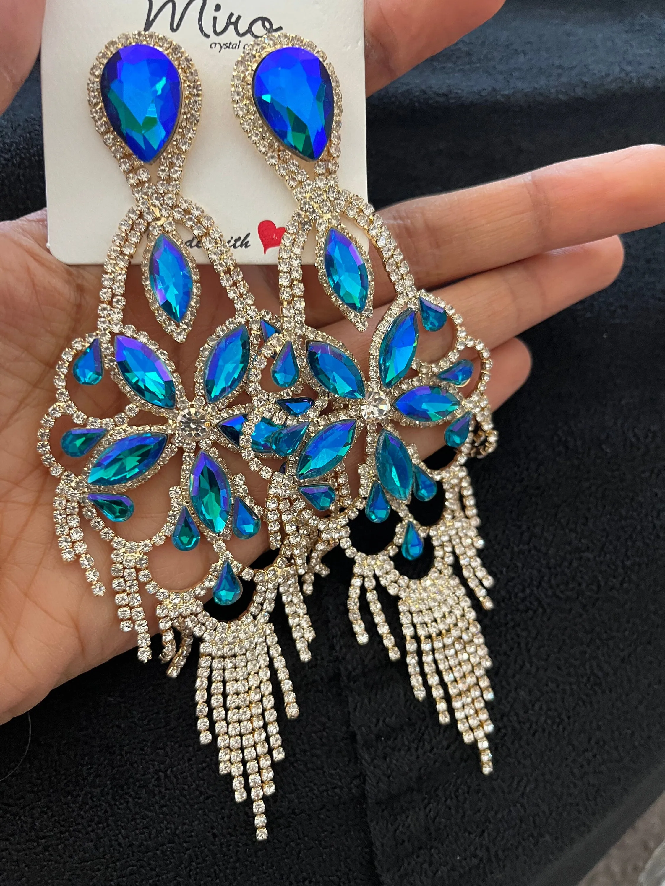 Big Blue and green earrings ,large blue iridescent earrings , green crystal earrings, blue chandelier rhinestone earrings crystal 5.5 inch