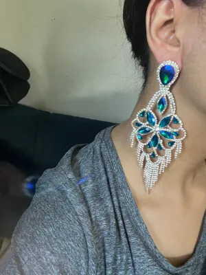 Big Blue and green earrings ,large blue iridescent earrings , green crystal earrings, blue chandelier rhinestone earrings crystal 5.5 inch