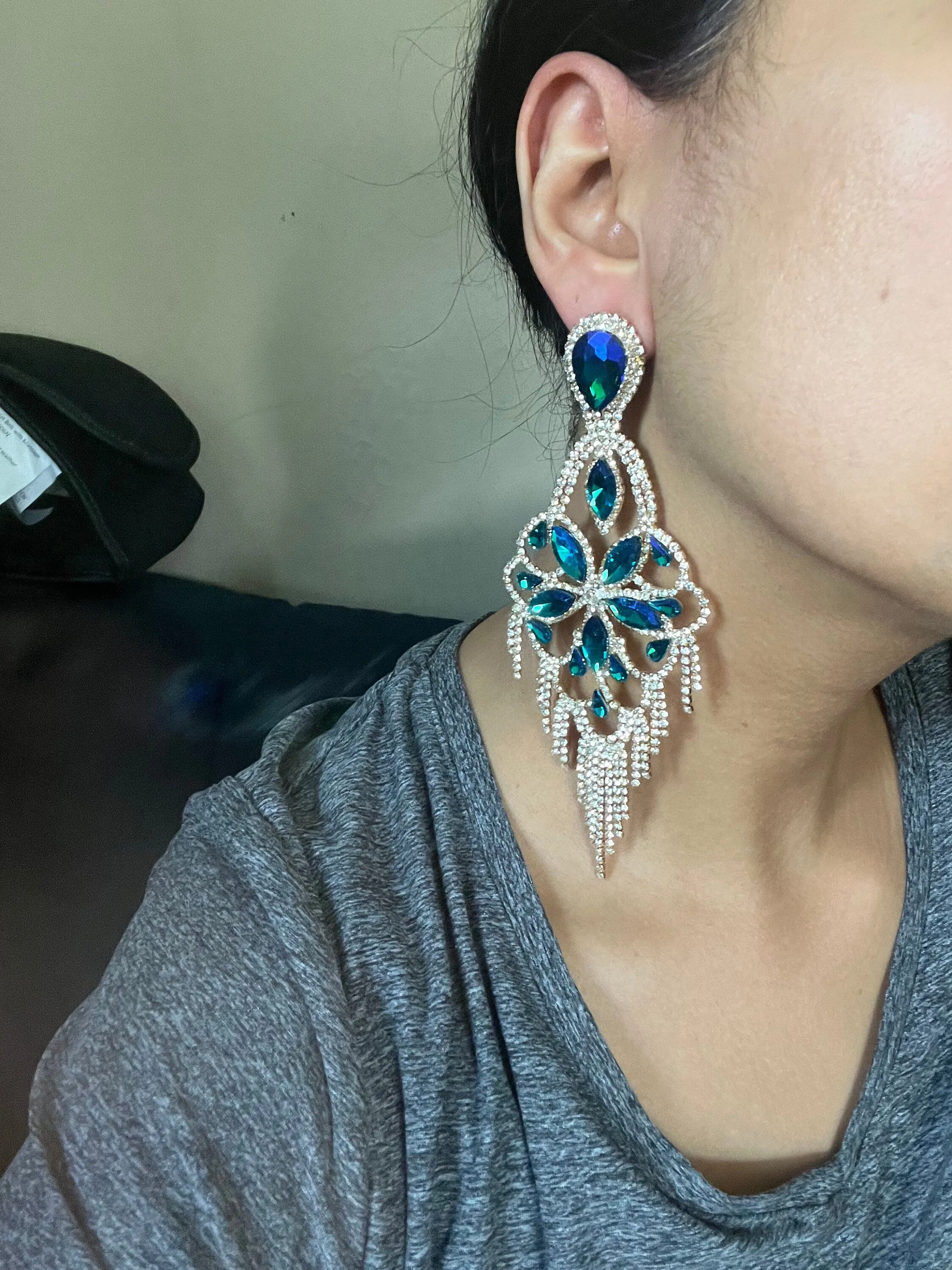 Big Blue and green earrings ,large blue iridescent earrings , green crystal earrings, blue chandelier rhinestone earrings crystal 5.5 inch