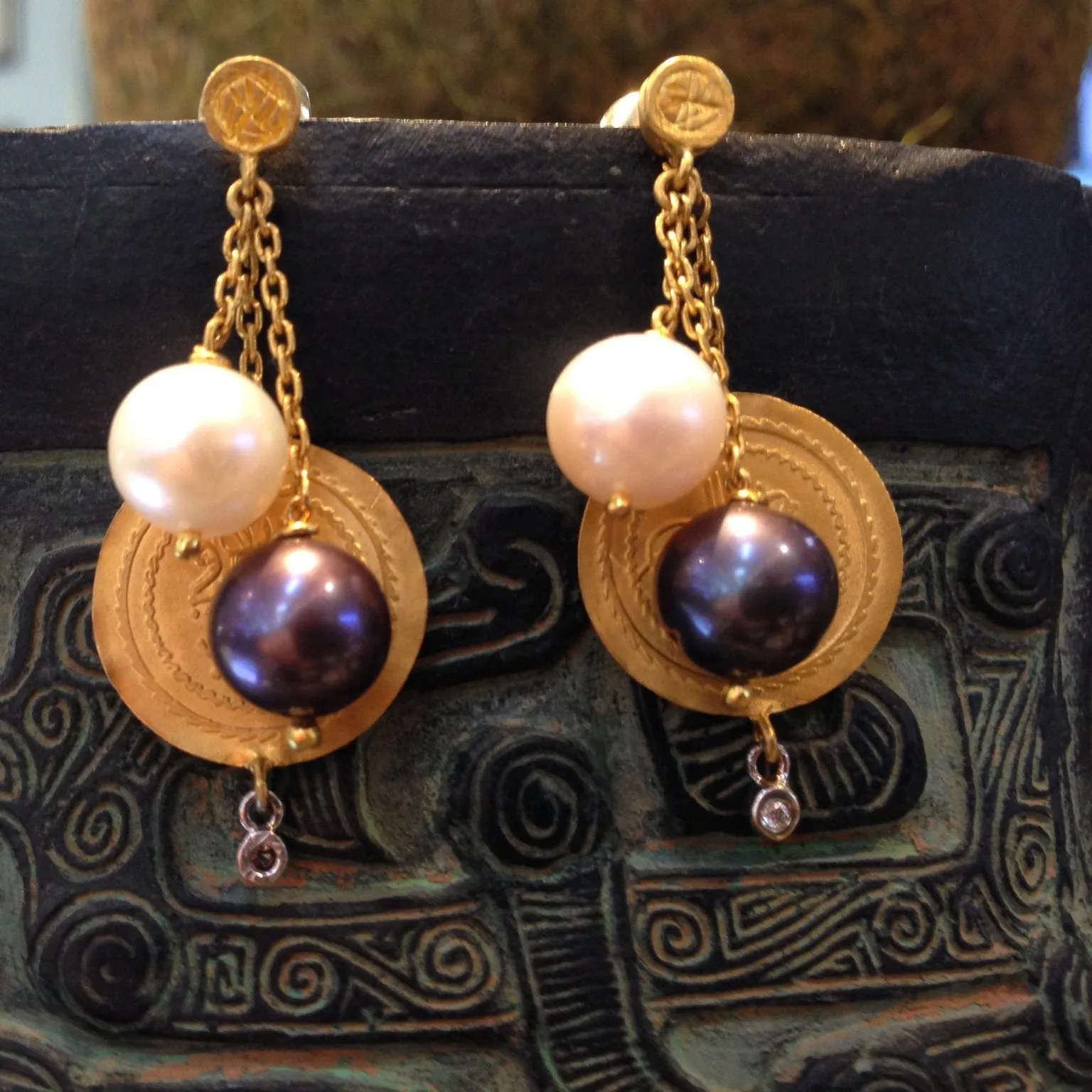 Black & White Pearls with Dangling 24K Gold Coin Earrings with Diamonds