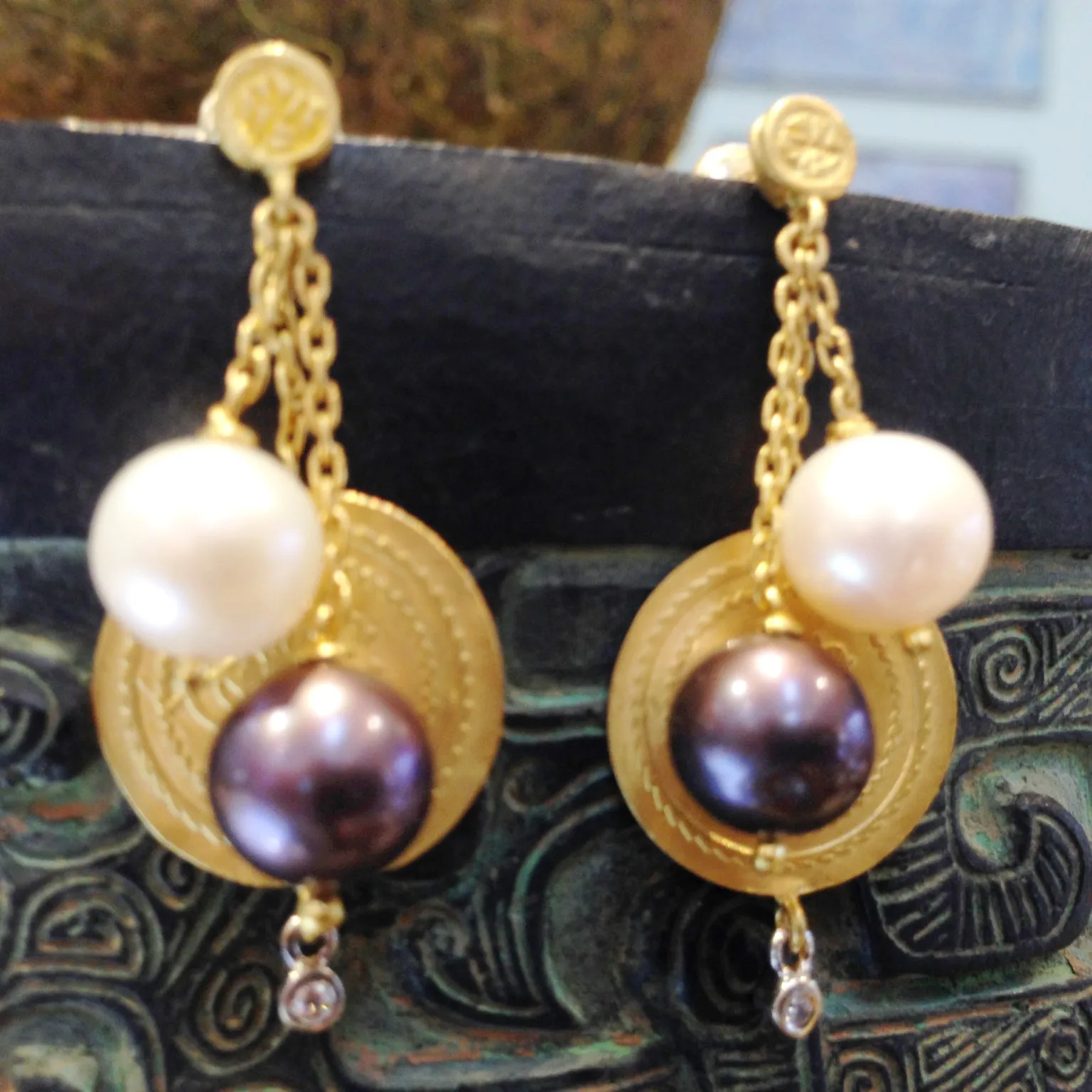 Black & White Pearls with Dangling 24K Gold Coin Earrings with Diamonds