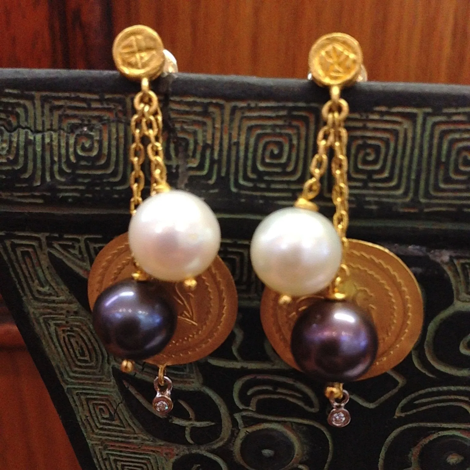 Black & White Pearls with Dangling 24K Gold Coin Earrings with Diamonds