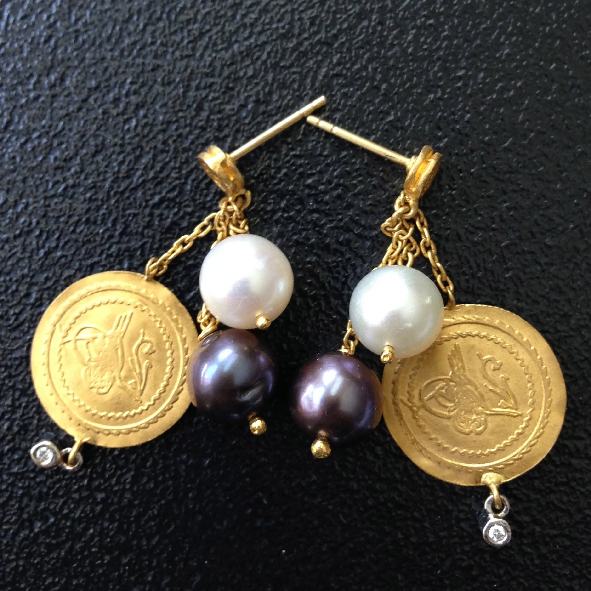 Black & White Pearls with Dangling 24K Gold Coin Earrings with Diamonds