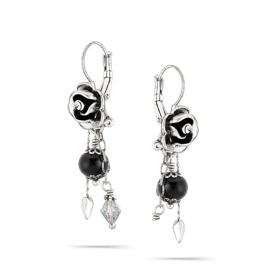BLACK AND CLEAR CRYSTAL BEADS FLOWER DROP  EARRINGS #211BK3401 (4E5)