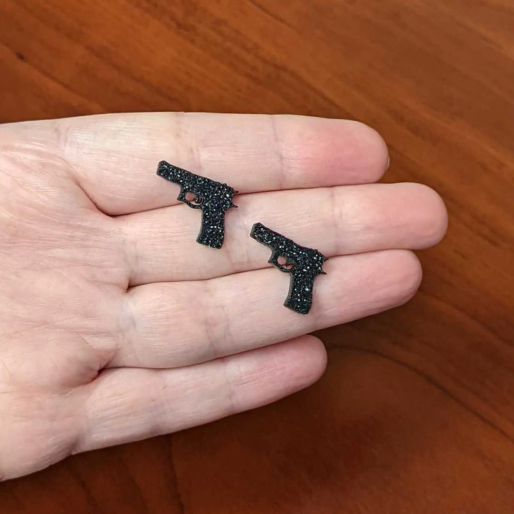 Black Glitter Gun Stud Earrings Set