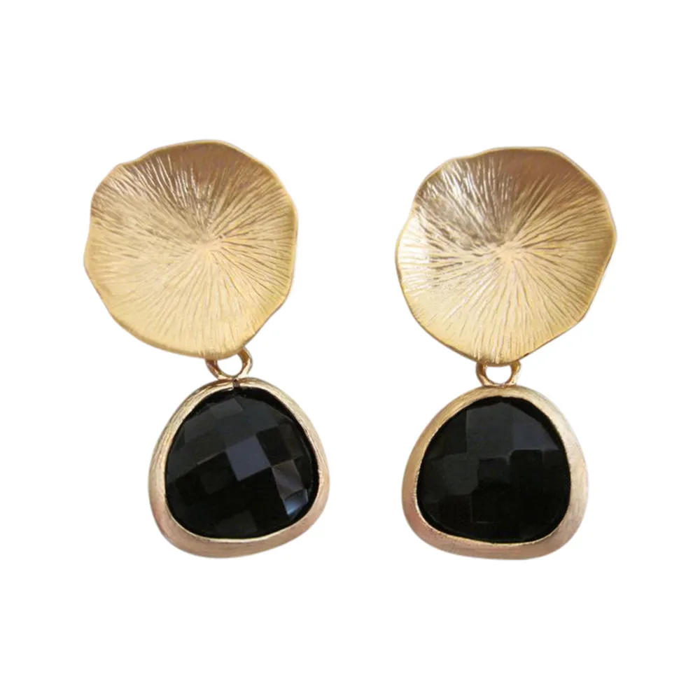 Black Onyx Earrings Gold Mushroom Coral