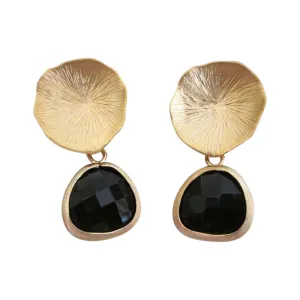 Black Onyx Earrings Gold Mushroom Coral