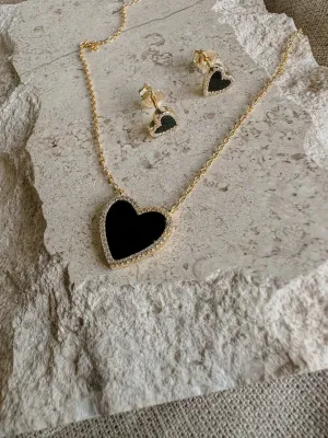 Black Onyx Heart Necklace & Earrings Set