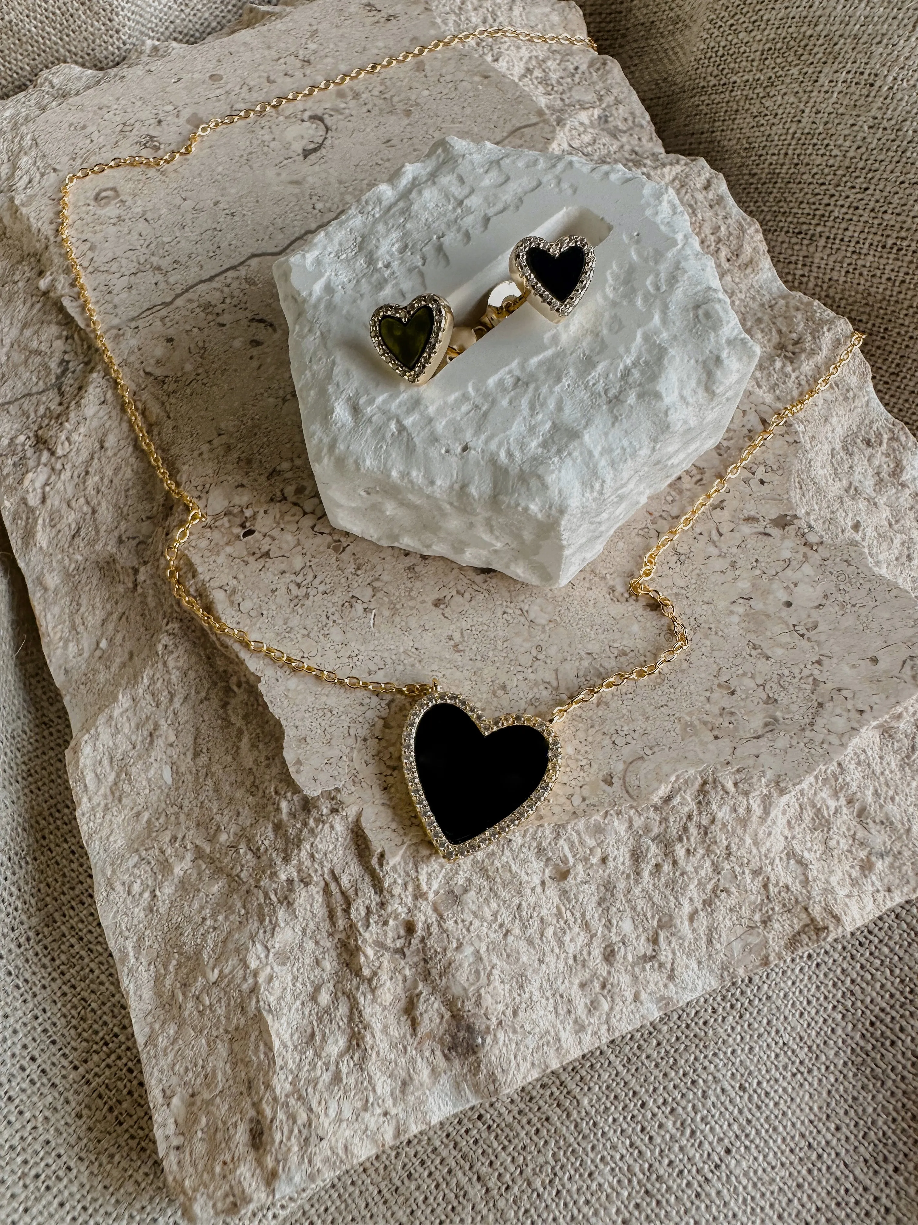 Black Onyx Heart Necklace & Earrings Set