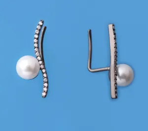 Black Plated Silver Earrings with 5.5-6mm Round Shape Freshwater Pearl and Cubic Zirconia