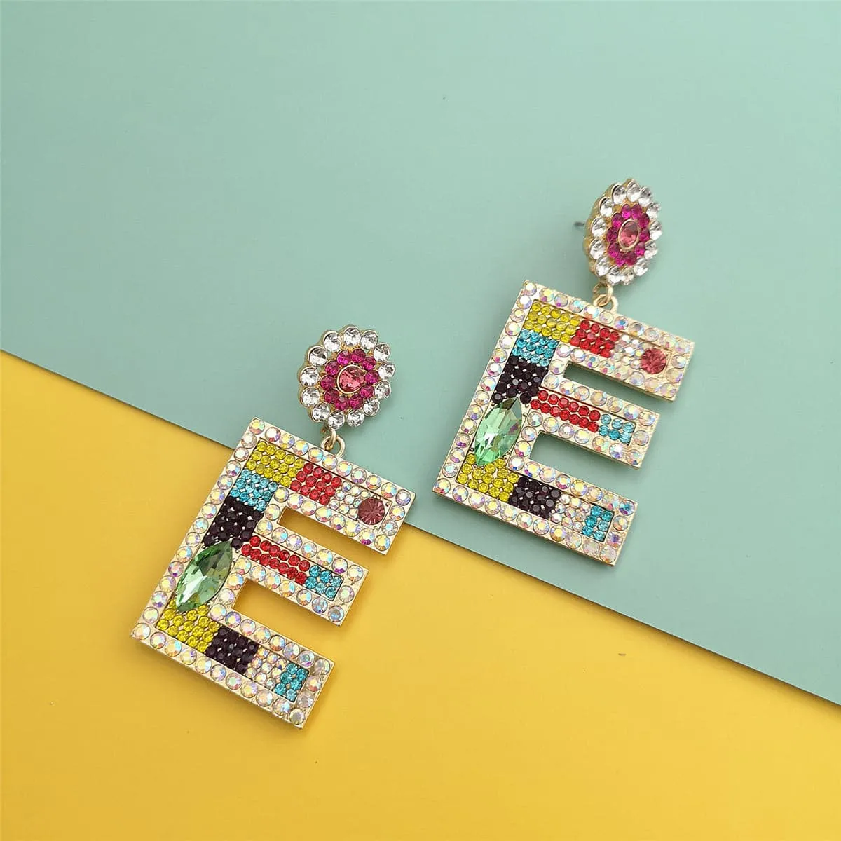 Blue & Pink Crystal & Cubic Zirconia 'E' Drop Earrings