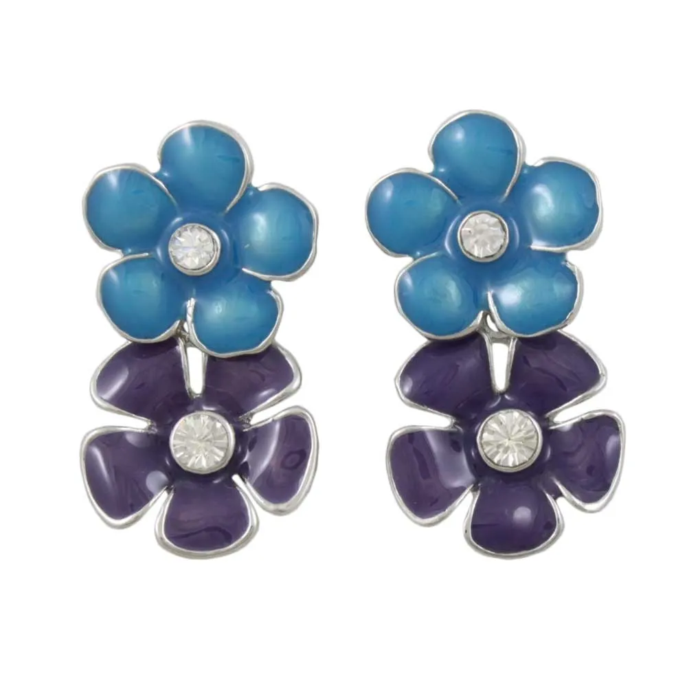 Blue and Purple Enamel Daisies Dangling Pierced Earring - REE407BP
