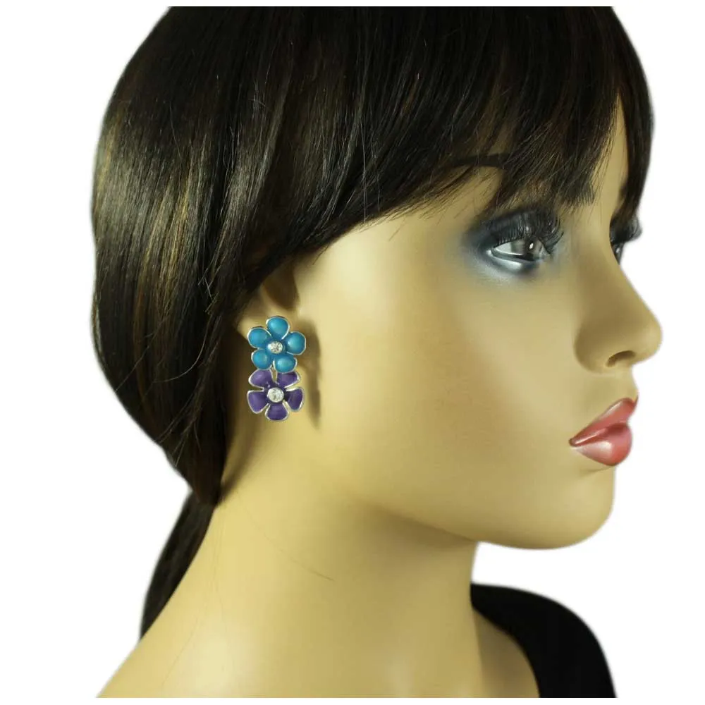 Blue and Purple Enamel Daisies Dangling Pierced Earring - REE407BP