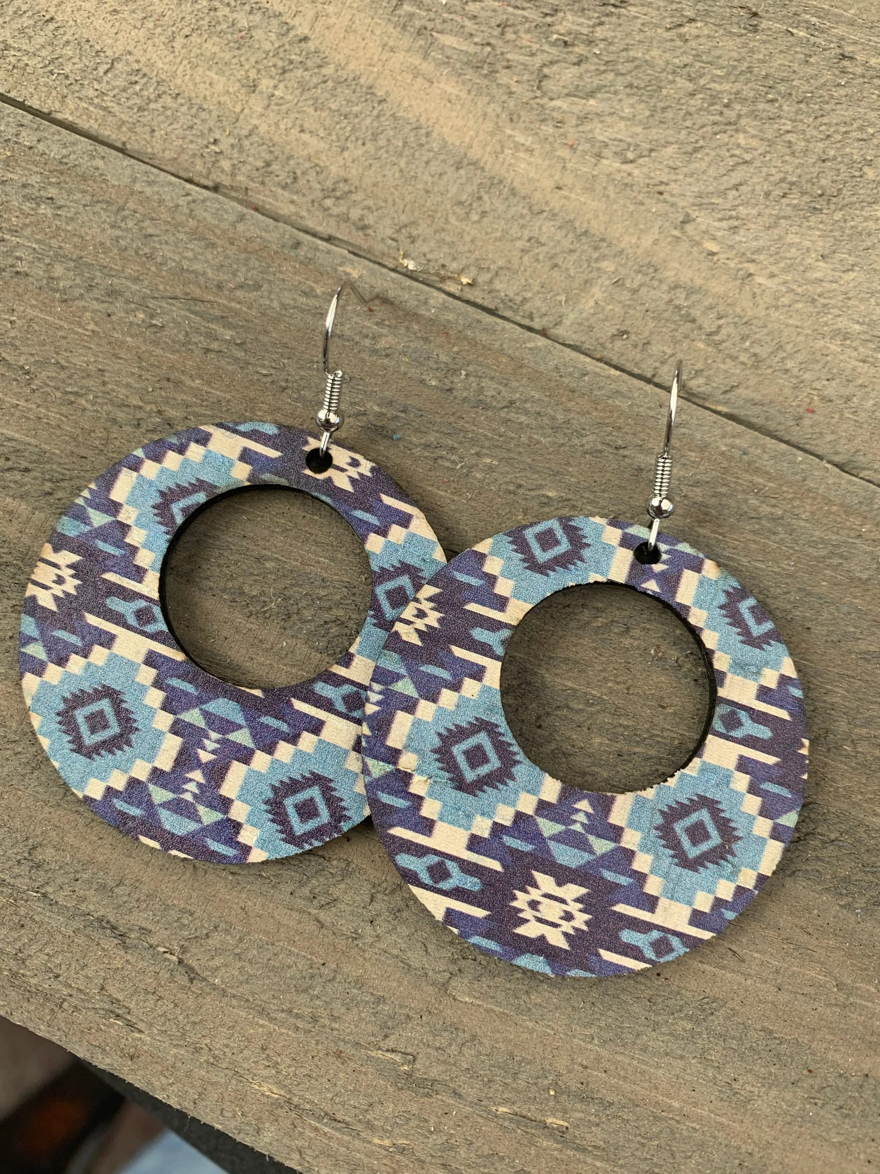 Blue and White Aztec Round Cork Leather Earring