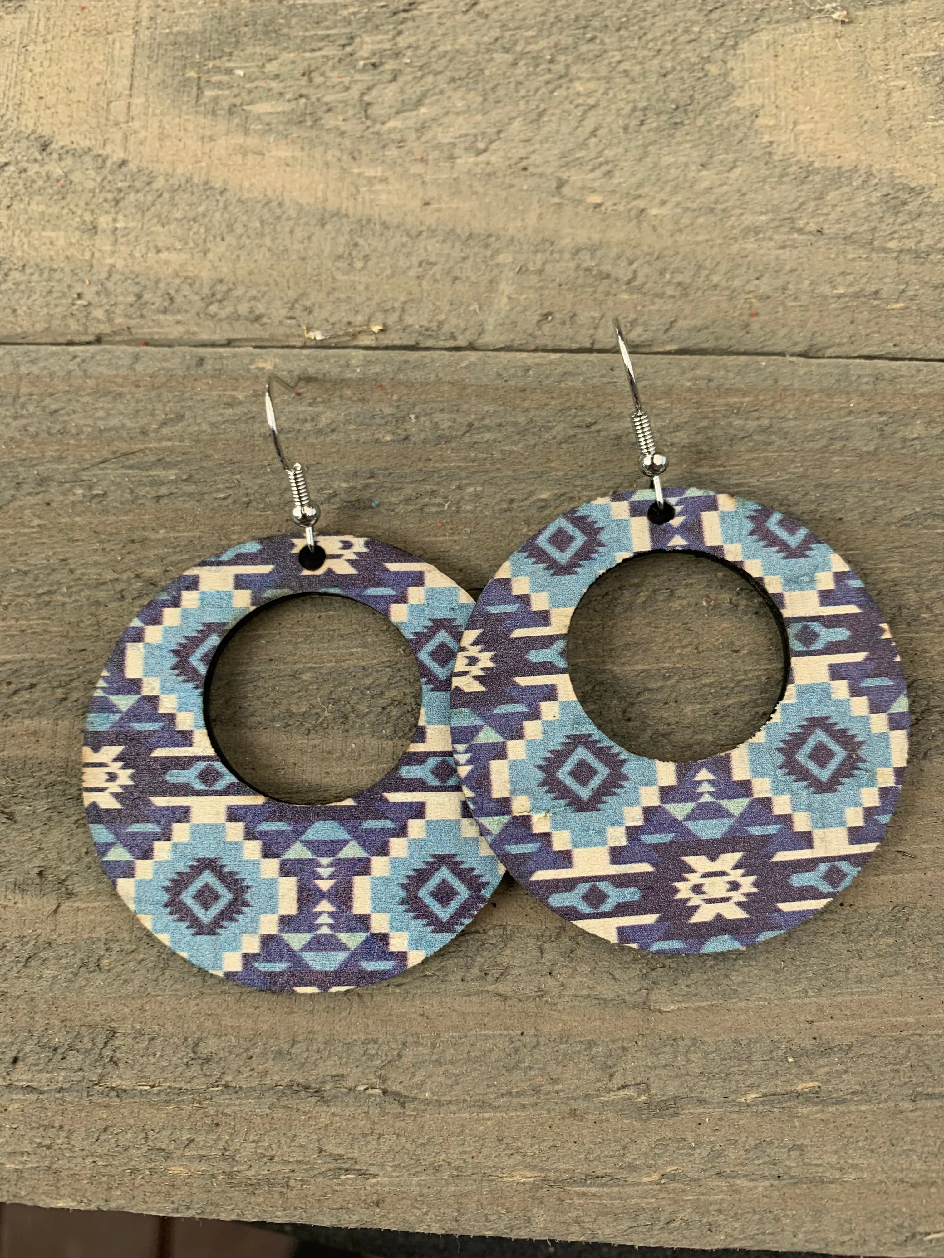 Blue and White Aztec Round Cork Leather Earring