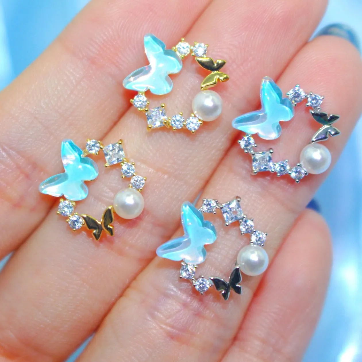 Blue Butterfly with Pearl Earrings