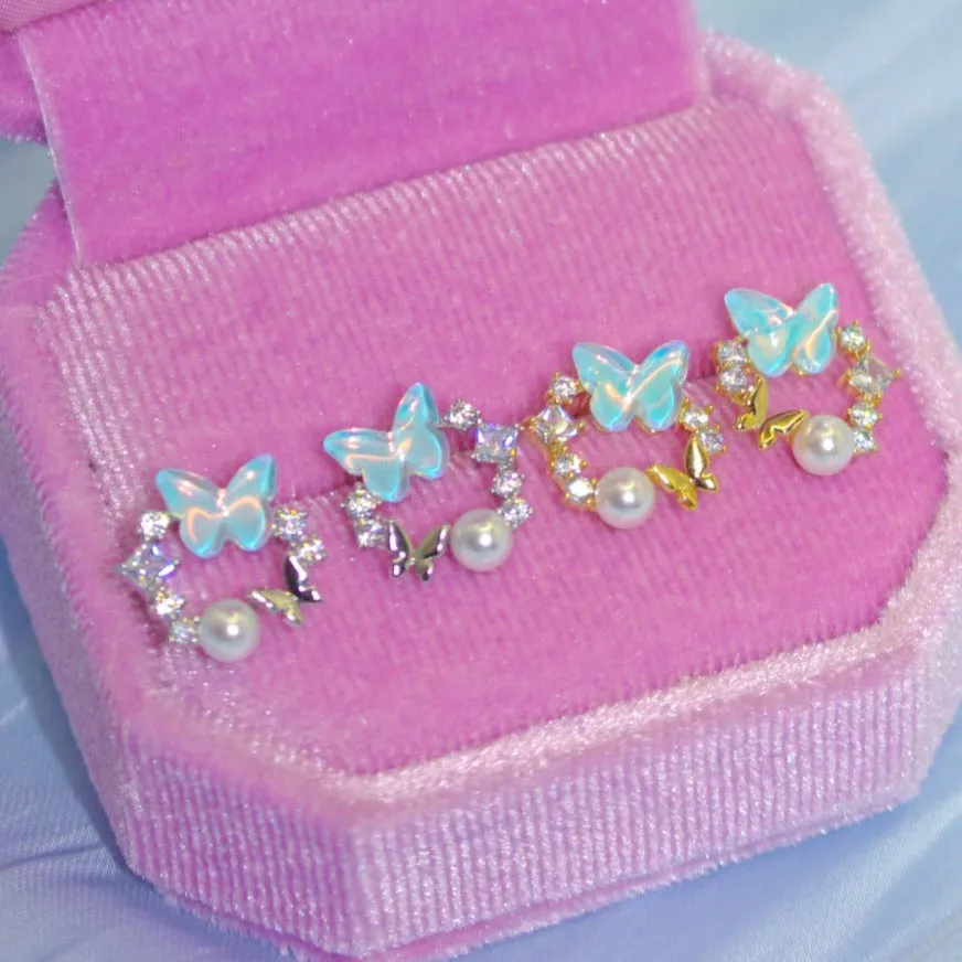 Blue Butterfly with Pearl Earrings