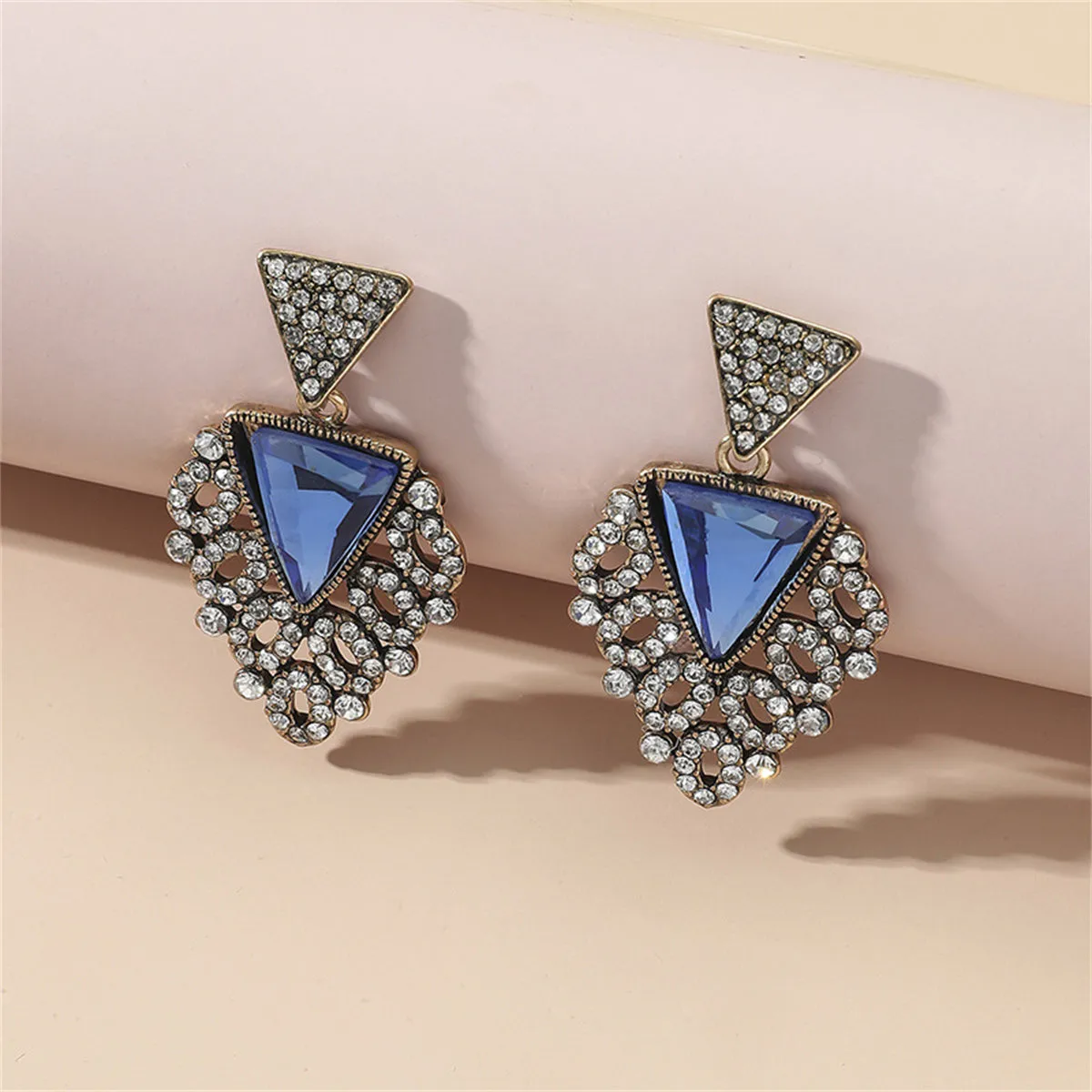 Blue Crystal & Cubic Zirconia Triangle Drop Earrings